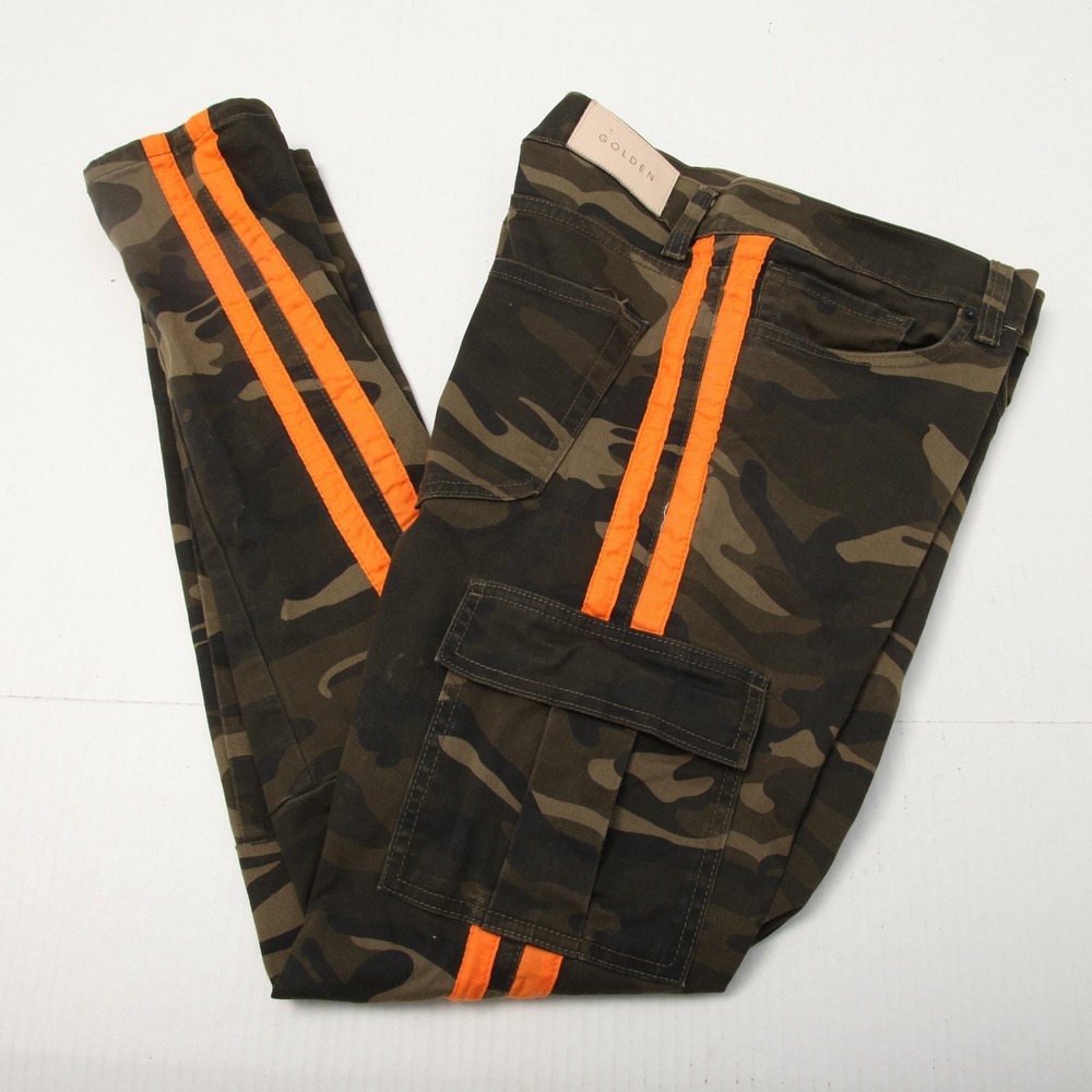 Golden Pants Mens 36 Camo Cargo Skinny Orange Side Stripe Zip Hem Stretch USA